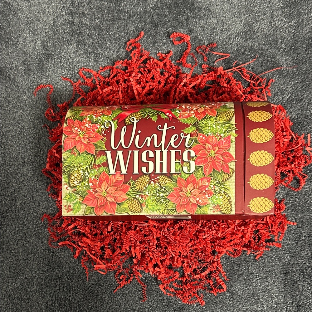Festive Winter Wishes Gift Boxes. Holiday Mailbox, paper stuffing, & treat box.